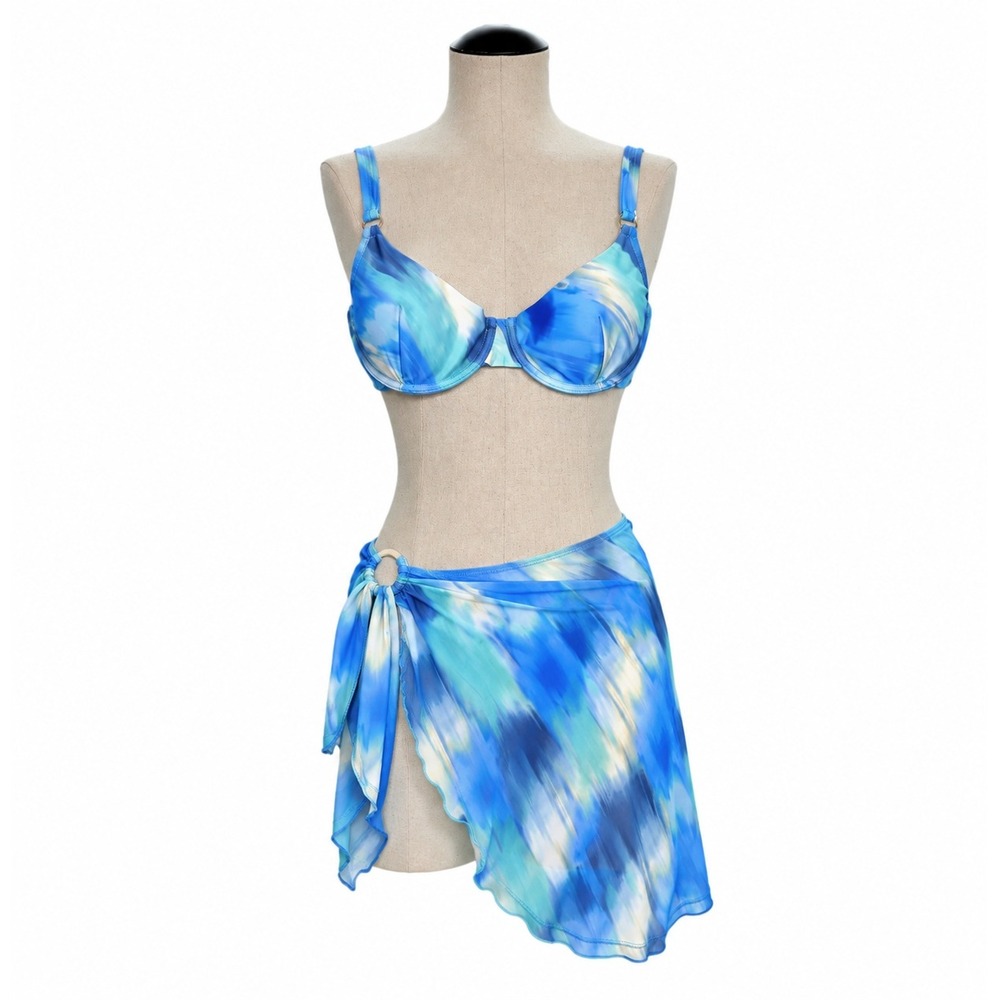 Jessica Simpson 3 Piece Bikini Set Blue Watercolor Bikini and Skirt NWT S/M L